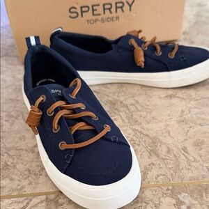 Sperry Navy Canvas Sneakers with Brown Laces